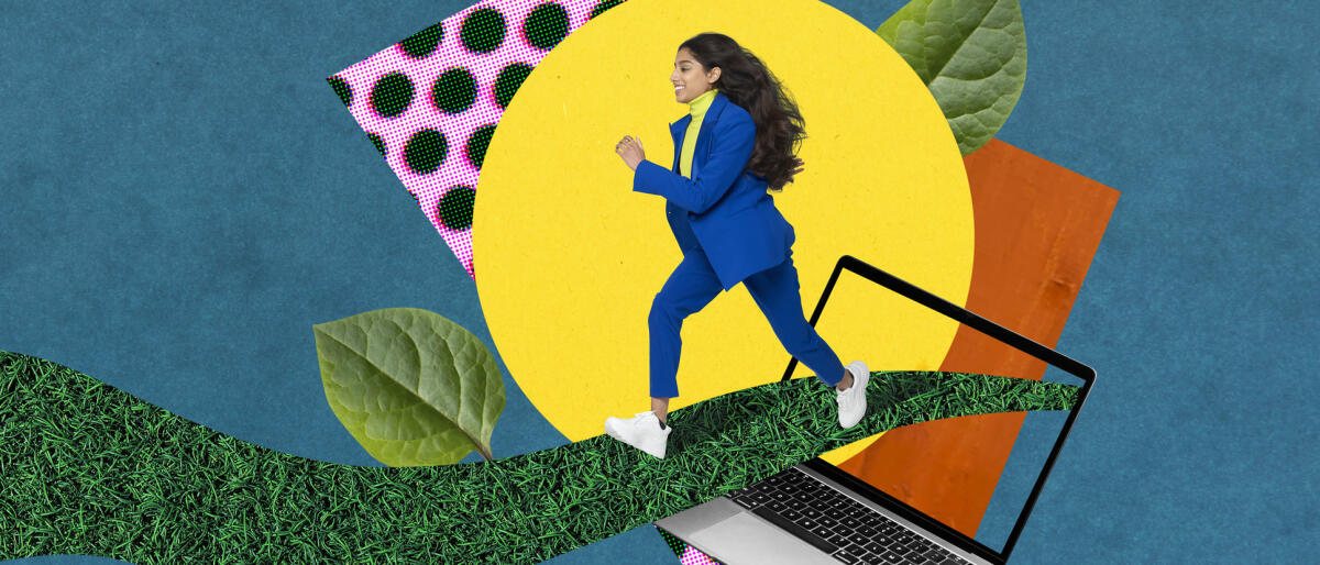 Collage Bild einer Business–Frau, die aus dem Computer in einen neuen Anfang läuft  © We Are / Getty Images