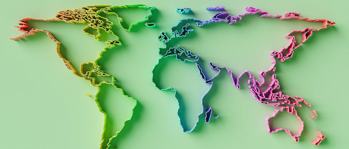 Relief-Weltkarte mit Regenbogen-Farbverlauf und grünem Hintergrund © Adrian Mocanu / 500px / Getty Images
