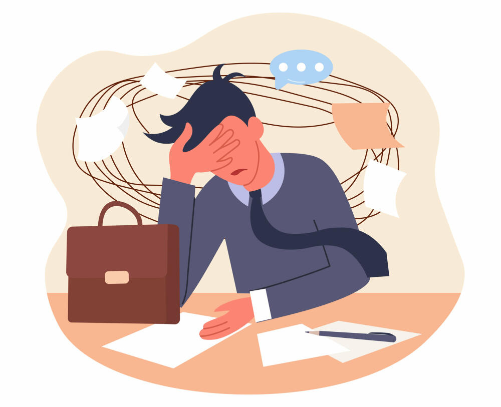 Frustration Swirl Konzept. Emotionales Burnout und Depressionen durch harte Arbeit. Charakter hat mentale Probleme. Müder Büroangestellter. © Getty Images/Rudzhan Nagiev