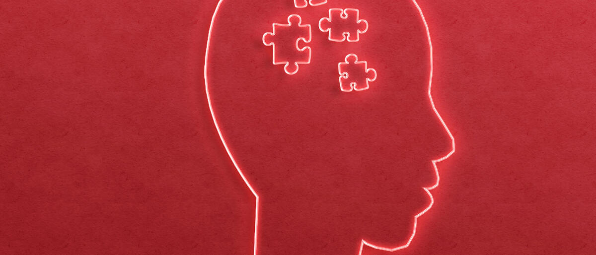 Illustration eines Kopfes mit verschiedenen Puzzleteilen vor rotem Hintergrund © Carol Yepes / Getty Images