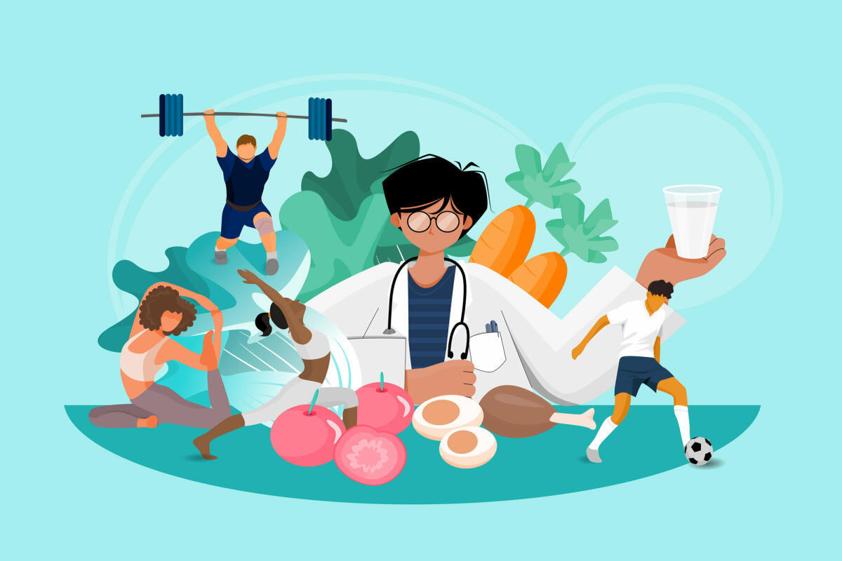 Healthcare and medicine illustration concept shows the doctor advising how to be a healthy person by referring exercise and eating good food regularly. © Namthip Muanthongthae / getty images 