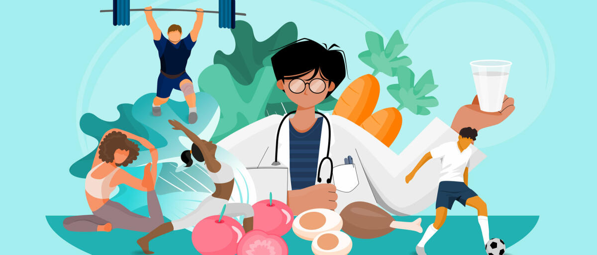 Healthcare and medicine illustration concept shows the doctor advising how to be a healthy person by referring exercise and eating good food regularly. © Namthip Muanthongthae / getty images 
