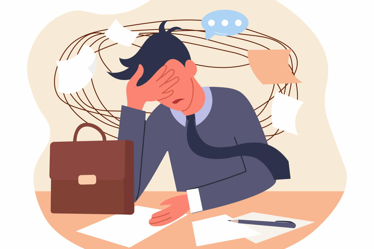 Frustration Swirl Konzept. Emotionales Burnout und Depressionen durch harte Arbeit. Charakter hat mentale Probleme. Müder Büroangestellter. © Getty Images/Rudzhan Nagiev
